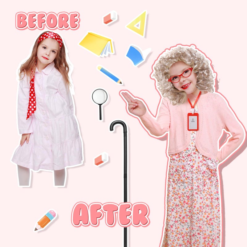 Skirfy Old Lady Costume for Kids, 100 Days of School Granny Outfit Kit with Wig, Dress, Glasses, Cane and Other Dess Up Accessories for Girls for School Celebration or Halloween - Image 5