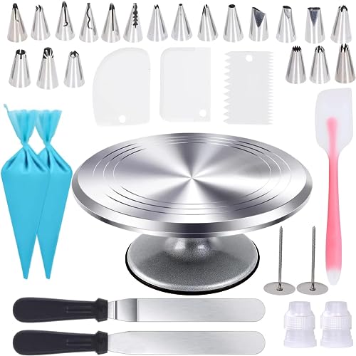 Uten Uten 12 Inch Cake Turntable Cake Decorating Supplies Kit 33 pcs Rotating Aluminium Cake Stand Set Baking Tools with 20 Icing Tips Bags 3 Icing Smoother Straight  Offset Spatula Silicone Spatula