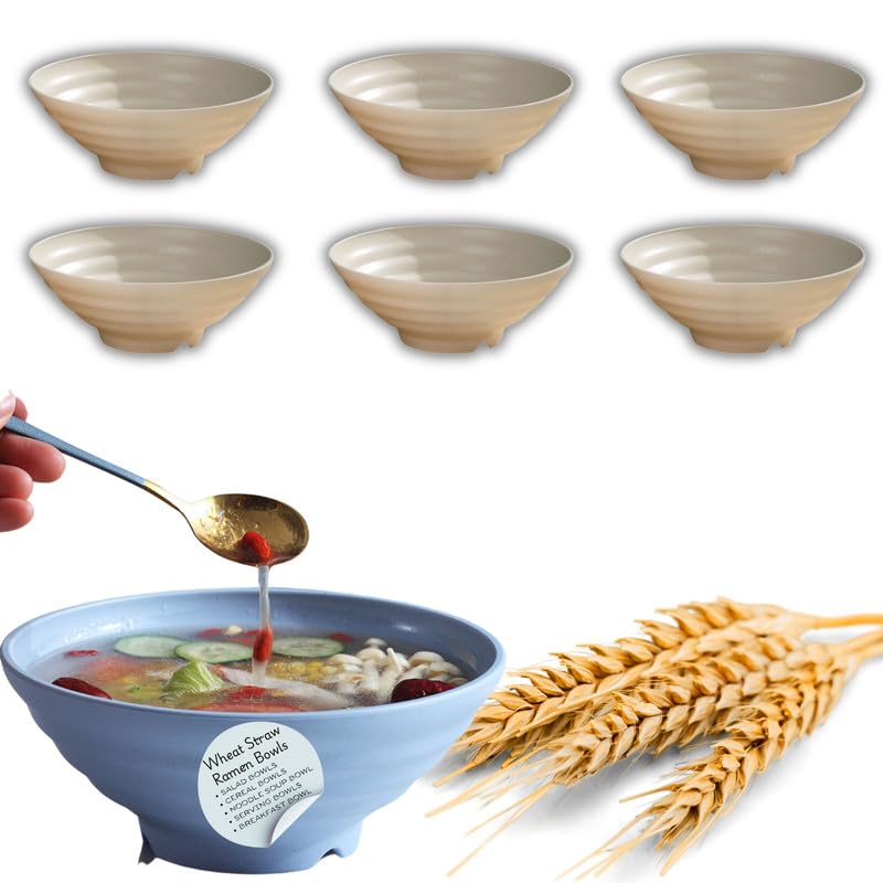 RoarCraft Bowls for Kitchen - Cereal Bowls Wheat Straw Bowls, Unbreakable Lightweight Bowls Set, Microwave and Dishwasher Safe, Reusable Bowls for Serving Soup,Ramen (Beige, 23 x 9 CM, 6 PCs) - Image 1