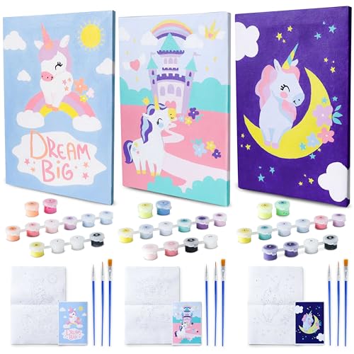 BONNYCO Paint by Numbers Kit for Kids Unicorns Pack 3 Canvas Paint by Number Canvas Framed Pre Drawn Unicorn Gifts for Girls Arts and Kids Crafts 46 812 Pintar por Numeros Unicorn Craft - Image 1