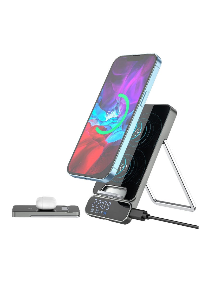 Captaintech SYOSI Wireless Charger, Fast Qi Wireless Charging Station for iPhone, Samsung, Android, Portable Foldable Wireless Cell Phone Charger Stand with Alarm Clock for Travel - Image 1