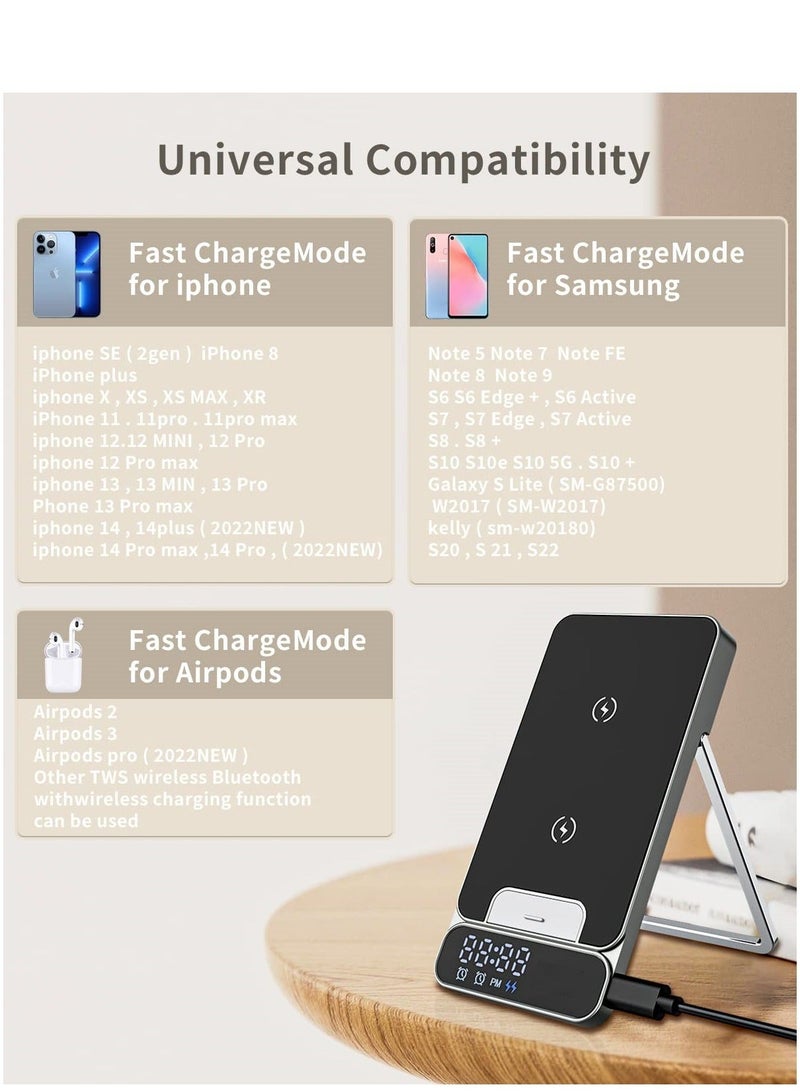 Captaintech SYOSI Wireless Charger, Fast Qi Wireless Charging Station for iPhone, Samsung, Android, Portable Foldable Wireless Cell Phone Charger Stand with Alarm Clock for Travel - Image 3