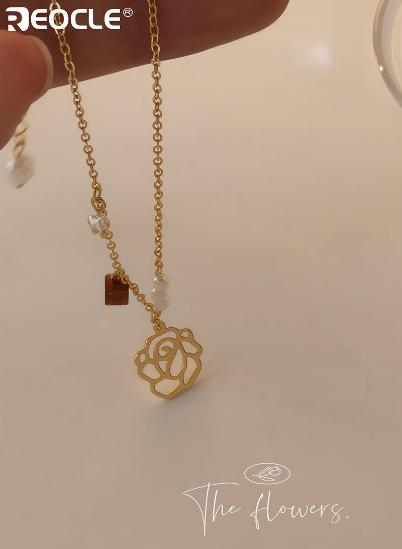 REOCLE Women's Gentle Rose Pearl Necklace with  Niche Style Elegant Collarbone Necklace with Delicate Design for Daily and Formal Wear for Women - Image 3