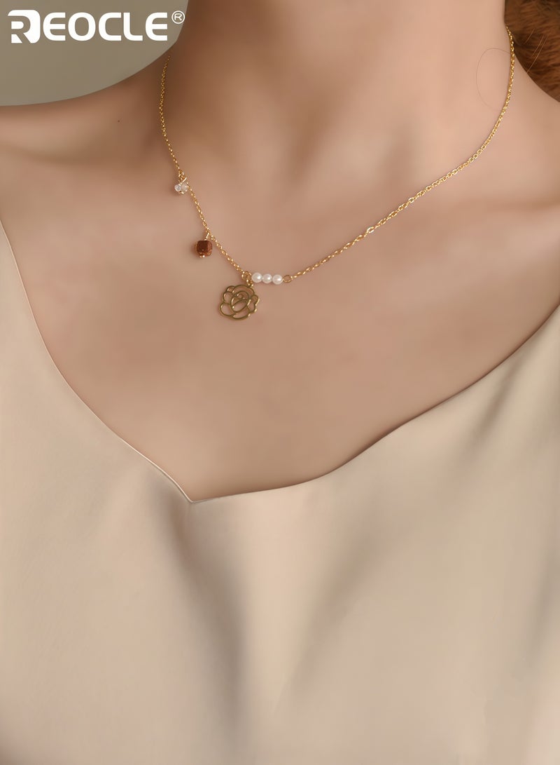 REOCLE Women's Gentle Rose Pearl Necklace with  Niche Style Elegant Collarbone Necklace with Delicate Design for Daily and Formal Wear for Women - Image 5