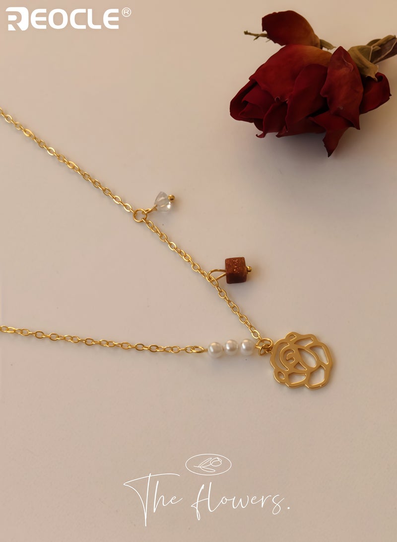 REOCLE Women's Gentle Rose Pearl Necklace with  Niche Style Elegant Collarbone Necklace with Delicate Design for Daily and Formal Wear for Women - Image 2