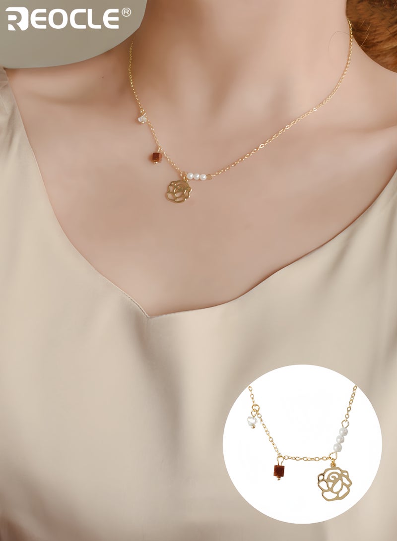 REOCLE Women's Gentle Rose Pearl Necklace with  Niche Style Elegant Collarbone Necklace with Delicate Design for Daily and Formal Wear for Women - Image 1