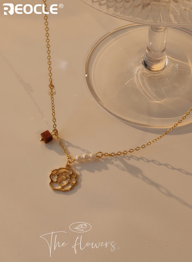 REOCLE Women's Gentle Rose Pearl Necklace with  Niche Style Elegant Collarbone Necklace with Delicate Design for Daily and Formal Wear for Women - Image 4