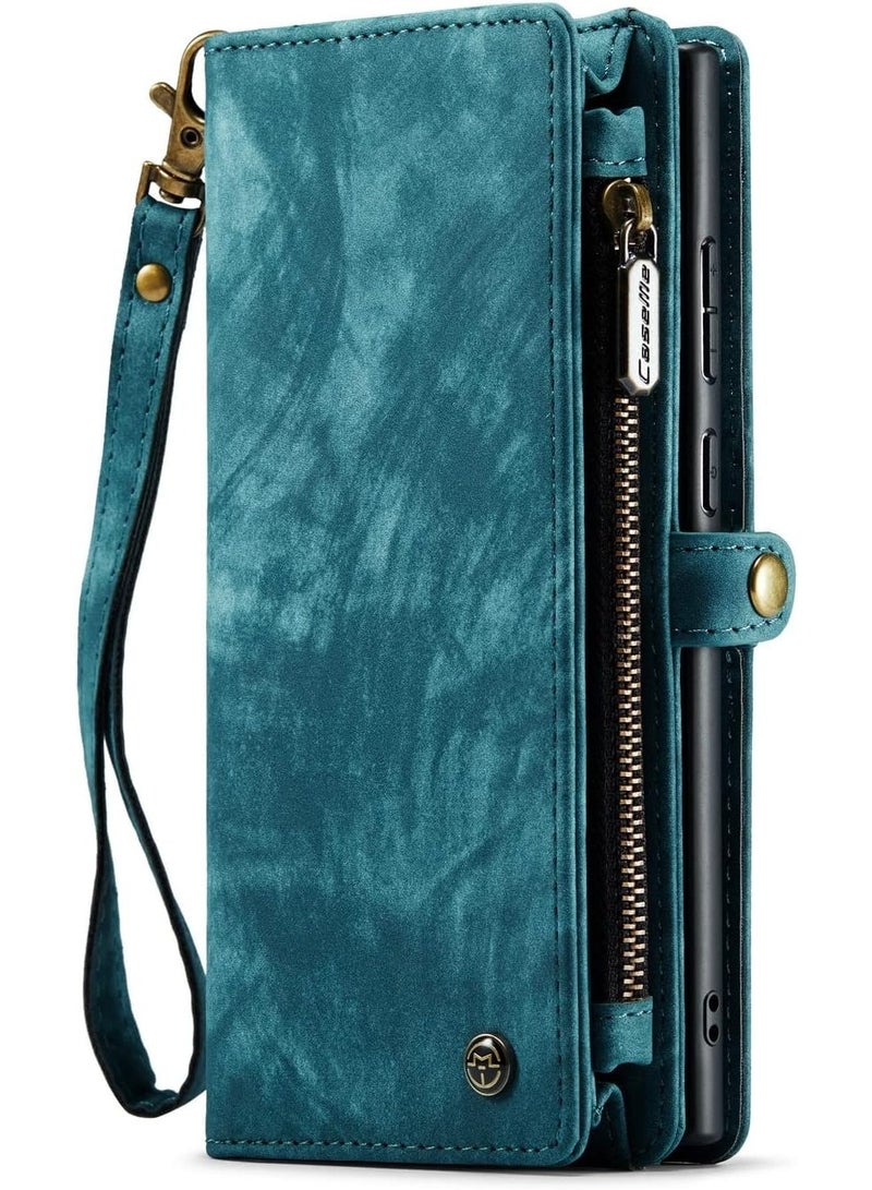 DGMING For Samsung Galaxy S22 Ultra Leather Wallet Case with Wrist Strap (Blue) - Image 2