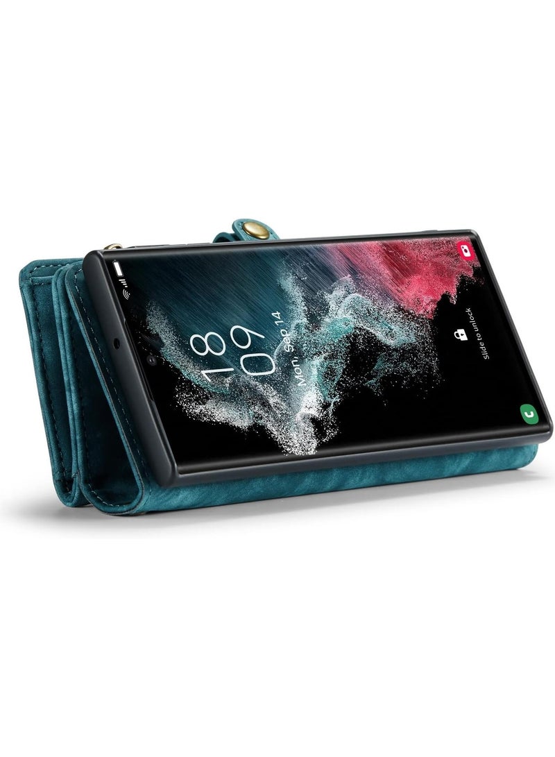 DGMING For Samsung Galaxy S22 Ultra Leather Wallet Case with Wrist Strap (Blue) - Image 5