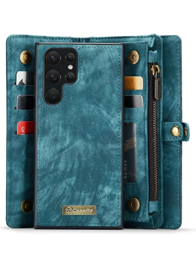 DGMING For Samsung Galaxy S22 Ultra Leather Wallet Case with Wrist Strap (Blue) - Image 4