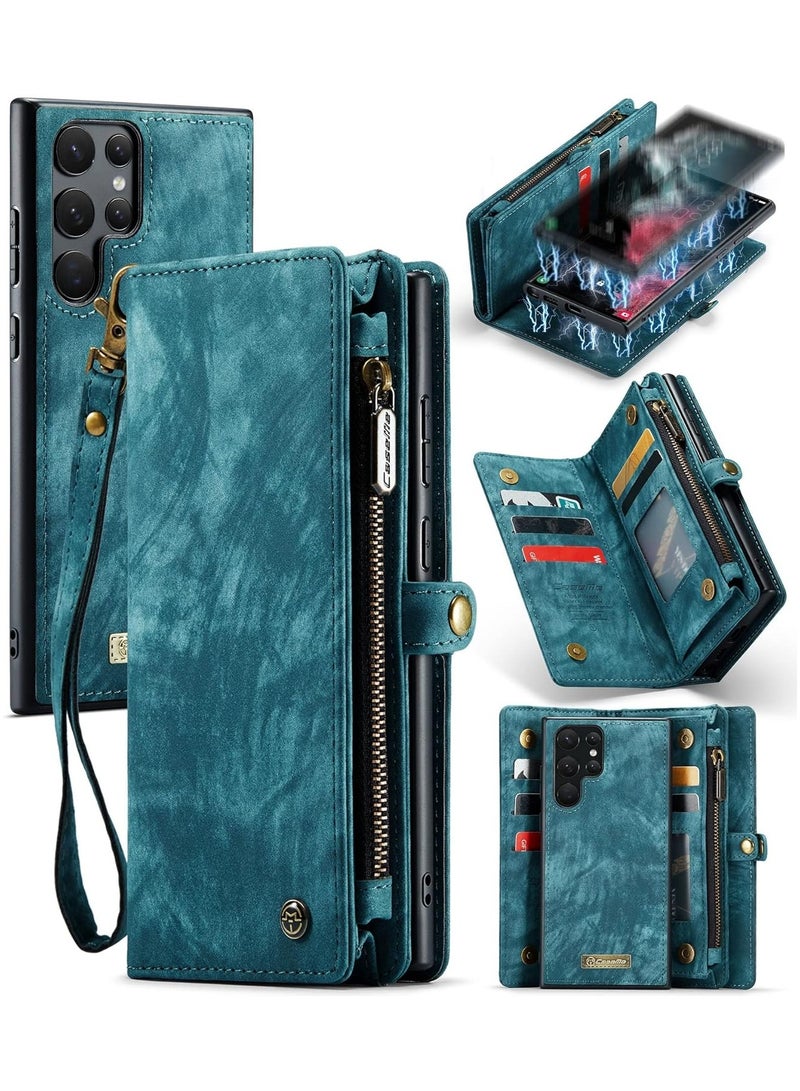 DGMING For Samsung Galaxy S22 Ultra Leather Wallet Case with Wrist Strap (Blue) - Image 1