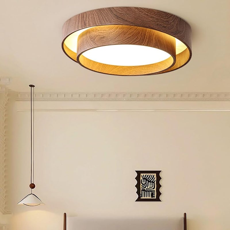 Dimmable Walnut Wood Flush Mount LED Ceiling Light For Living Room Hallway 30cm - Image 5