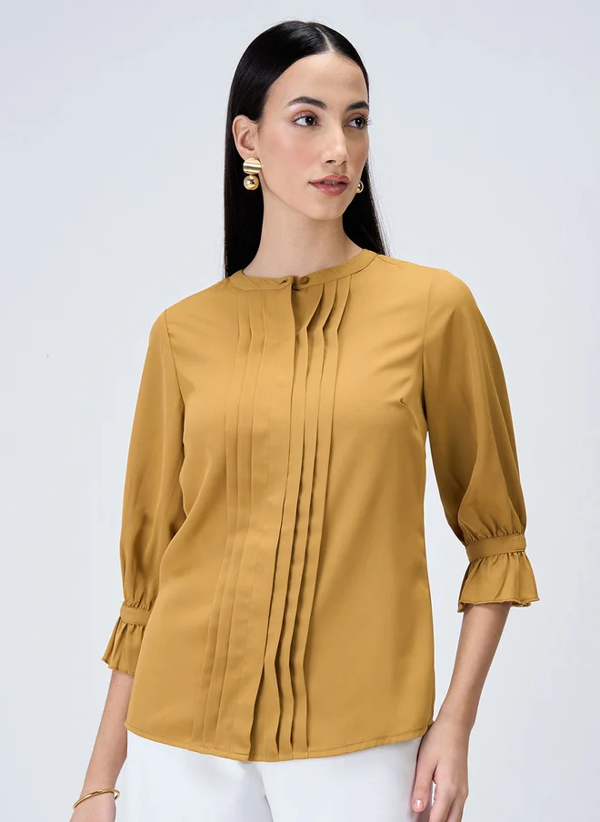 Salt Attire SALT ATTIRE Women Mustard Yellow Keyhole Neck Puff Sleeve Top