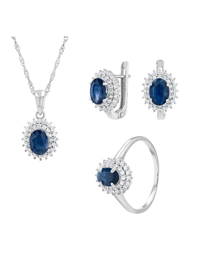 Genuine Blue Sapphire & Zirconia Silver Set Ring, Pendant & Earrings