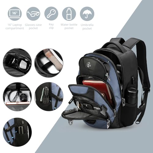 Swissdigital Design Laptop Backpack, Travel Backpack with USB Charging Port Fits 15.6 inches Computer, 31L College School Bookbag for Men,Haze Blue/Black | SD803-16 - Image 3