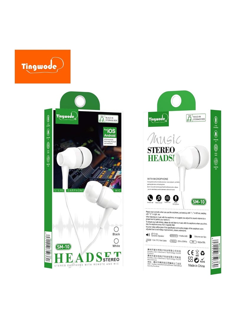Tingwode - Tingwode SM-10 Stereo Headset With Microphone And Comfortable Wearing For Mobile Phone 1.2 M - White - Image 1