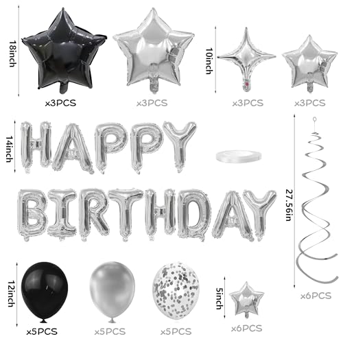 SPFYunion 56 PCS Happy Birthday Balloons Happy Birthday Banner Silver and Black Balloons for Boys Men Girls Women 16th 18th 20th 21st 25th 30th 40th 50th 60th Birthday Party Decorations - Image 5