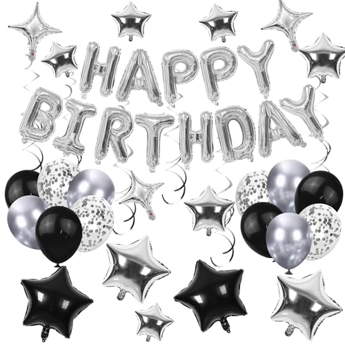SPFYunion 56 PCS Happy Birthday Balloons Happy Birthday Banner Silver and Black Balloons for Boys Men Girls Women 16th 18th 20th 21st 25th 30th 40th 50th 60th Birthday Party Decorations - Image 1