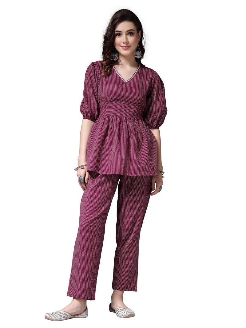 Stylum Women's Self Woven Kantha Cotton Kurti Pant Set - Image 1