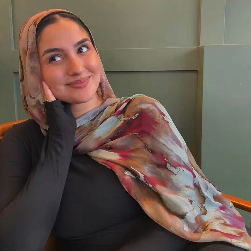 فانكسين شال نسائي من قطن مودال بطبعة ألوان مائية من فانكسين، وشاح ساتان، حجاب عرقي، مقاس 180×80 سم - Image 2