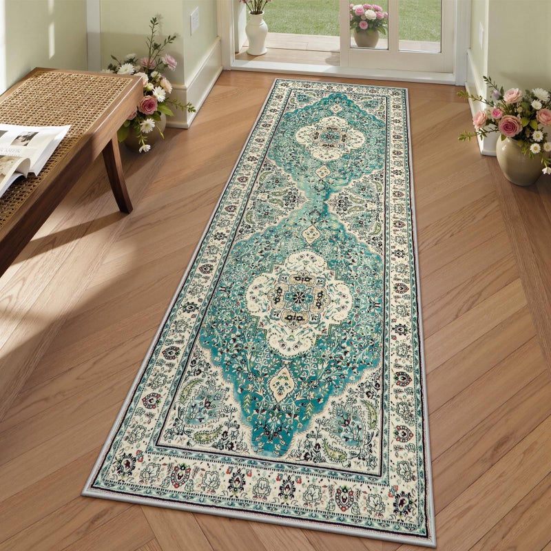 La Home Lahome Felice Floral Medallion Runner Rug 2x7 Hallway Kitchen Vintage Runner NonSlip Washable Lightweight LowPile Bedside Mat Indoor Floor Carpet for Entrance Laundry Bathroom SkyBaby Blue - Image 2