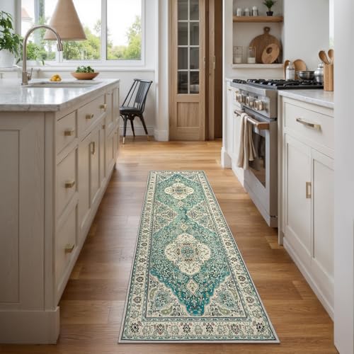 La Home Lahome Felice Floral Medallion Runner Rug 2x7 Hallway Kitchen Vintage Runner NonSlip Washable Lightweight LowPile Bedside Mat Indoor Floor Carpet for Entrance Laundry Bathroom SkyBaby Blue - Image 3