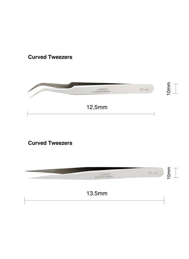 LK LANKIZ - Eyelash Extension Tweezers Stainless Steel Straight and Curved Volume Lash Tweezers Set for Eyelash Extension Professional Applicator Tool-Silver - Image 1