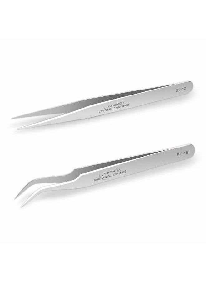 LK LANKIZ - Eyelash Extension Tweezers Stainless Steel Straight and Curved Volume Lash Tweezers Set for Eyelash Extension Professional Applicator Tool-Silver - Image 1