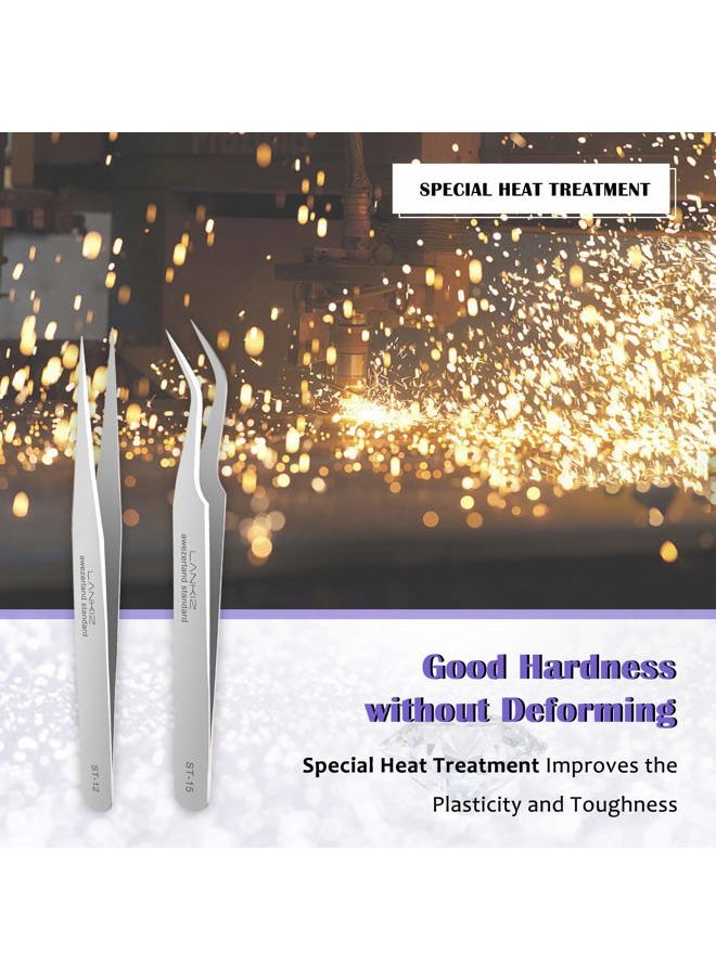 LK LANKIZ - Eyelash Extension Tweezers Stainless Steel Straight and Curved Volume Lash Tweezers Set for Eyelash Extension Professional Applicator Tool-Silver - Image 1