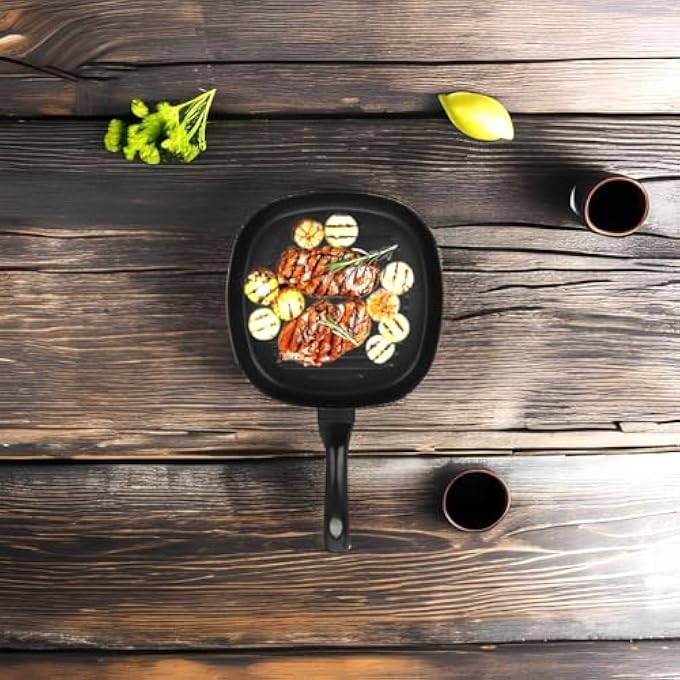 Auroware Long Lasting NonStick 28 Cm Square Grill Pan Black Aluminum Durable Marble Coating Strong Handle - Image 4
