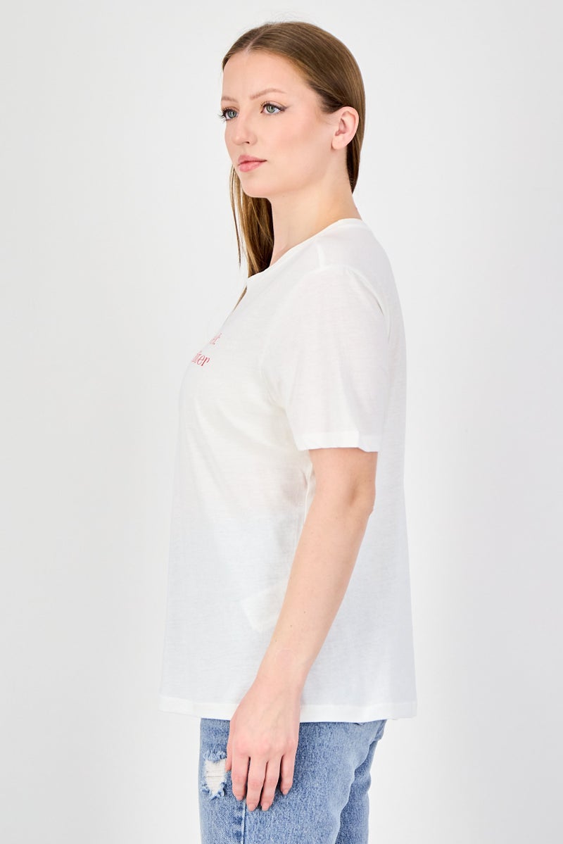 ONLY Women Crew Neck Short Sleeve Graphic Print T-Shirt, Ivory - Image 4