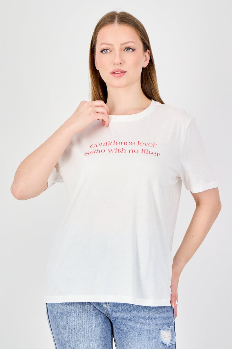 ONLY Women Crew Neck Short Sleeve Graphic Print T-Shirt, Ivory - Image 1