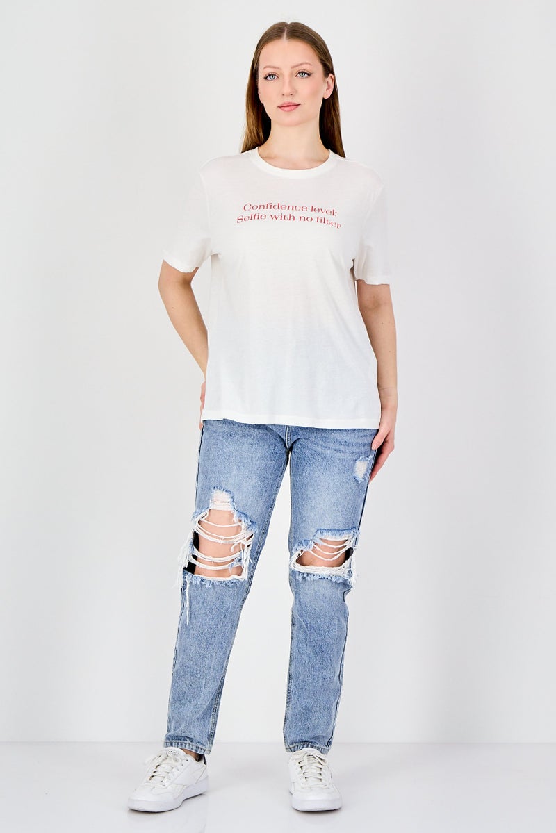 ONLY Women Crew Neck Short Sleeve Graphic Print T-Shirt, Ivory - Image 3