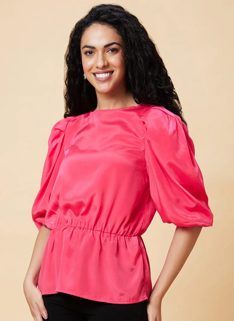 globus Globus Women Pink Puff Sleeves Gathered Cinched Waist Top