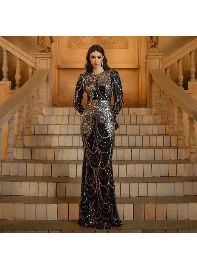Madam Uniq New Arrivals: Women's Elegant Long Sleeve Round Neck Sequin Mermaid Evening Dress - Form-Fitting Party Gown - Image 5