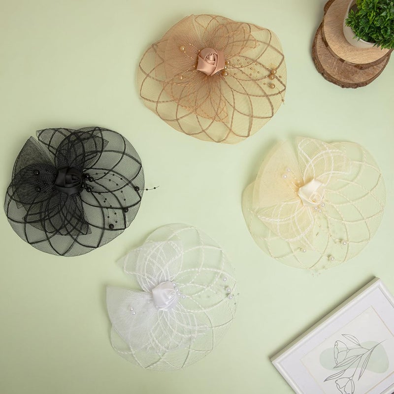 Radhu & Kabby Radhu Kabby Fascinator Hat for Women White Hat with Pearl Mesh Bow Design Includes Alligator Clip Headband Hair Accessory for Weddings Parties Special Occasions 1Piece - Image 2