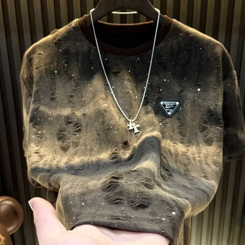 New Short-Sleeve Men'S Starry Sky Light Luxury Round Neck Top Trendy Versatile Ripped Sequin T-Shirt Men'S Long-Sleeve T-Shirt - Image 1