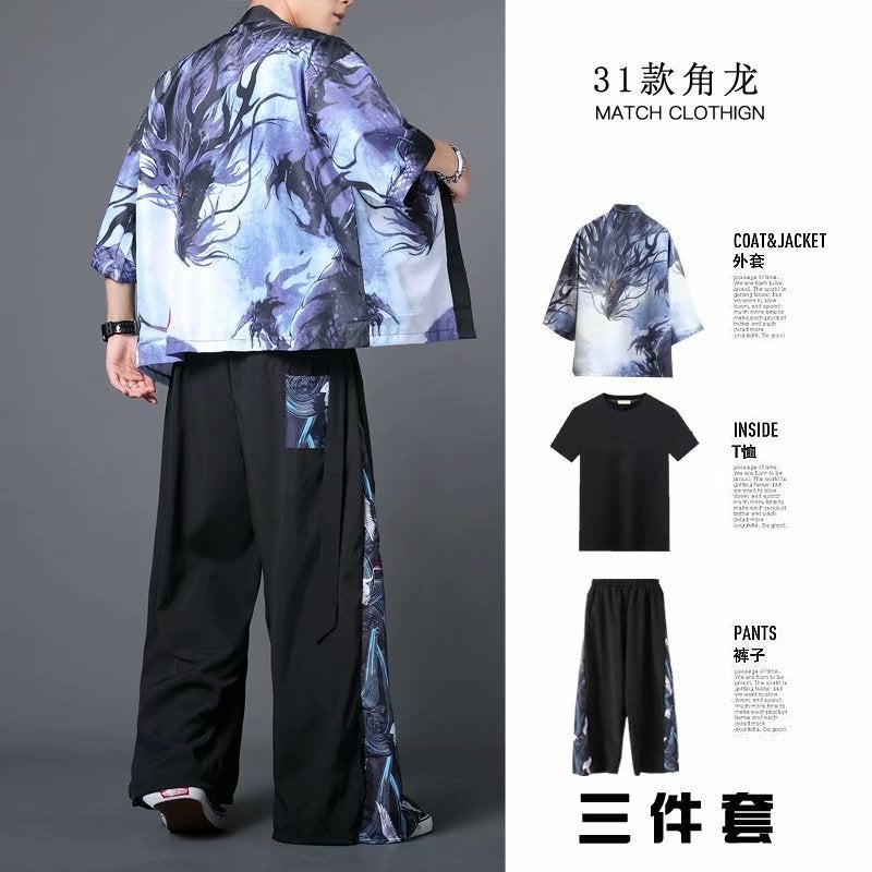 Hanfu Three-Piece Set Summer Chinese Style Robe for Men and Women Couples Fairy Style Loose Straight-Leg Wide-Leg Pants Set Class Clothes 31 horned dragon black 3 piece set 