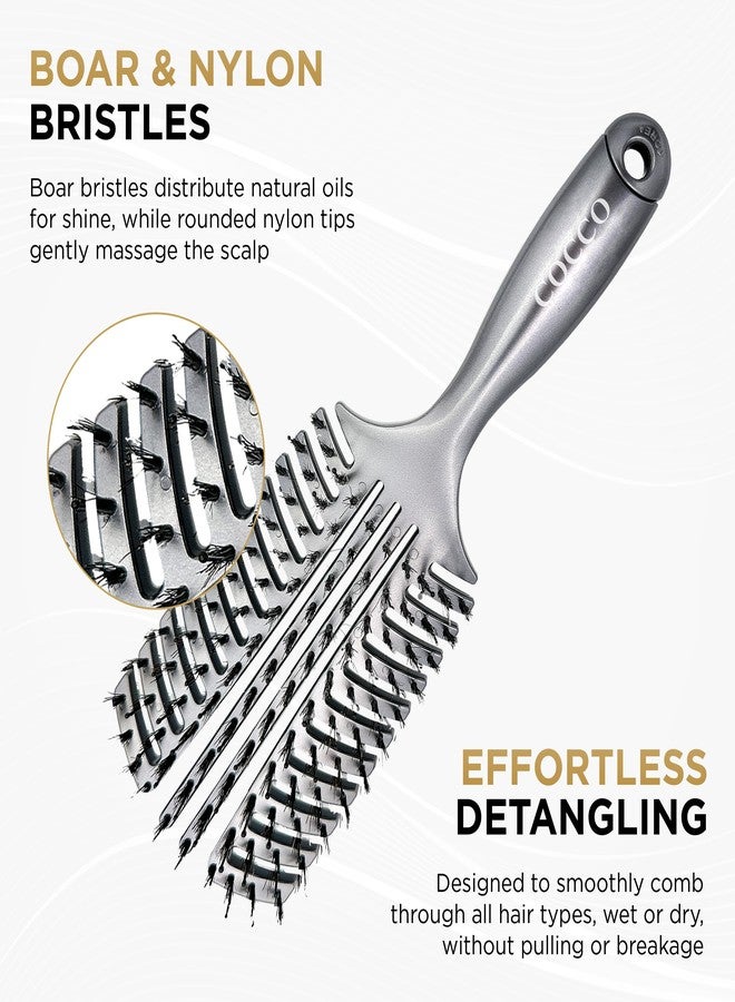Cocco Vented Boar Brush, Curved Detangling & Styling Tool with Boar & Nylon Bristles, Silver - Image 3