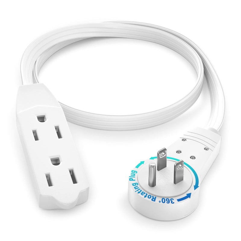 Maximm Cable 1 Ft 360 Rotating Flat Plug Extension CordWire 16 AWG Multi 3 Outlet Extension Wire 3 Prong Grounded Wire White UL Certified
