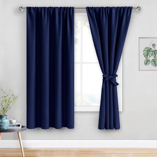 JIUZHEN Blackout Curtains for Bedroom– Thermal Insulated,Noise Reducing Room Darkening Drapes for Living Room, Rod Pocket Curtains with Tiebacks, Set of 2 Panels, 42 x 63 Inch Length, Navy Blue - Image 1
