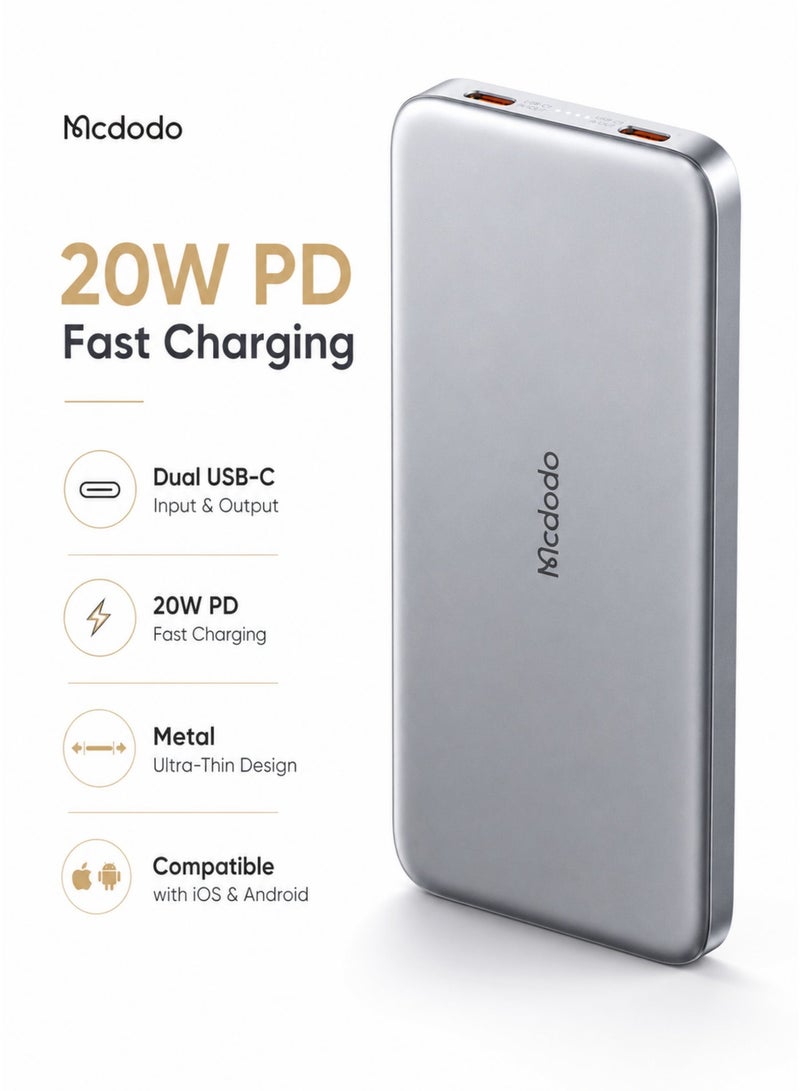 مكدودو McDodo بنك طاقة نحيف 10000mAh، معدني فائق النحافة، شحن سريع 20W PD، منفذان USB-C، هيكل ألومنيوم، شاحن محمول مدمج، أسود، MC-3781 - Image 1