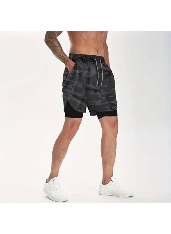 VITION Gym Shorts for Men, Men's Activewear Running Shorts,Drawstring Gym Shorts Men, 2 Layer Loose Athletic Shorts with 4 Pockets (XX-Large, Camouflage Gray) - Image 2