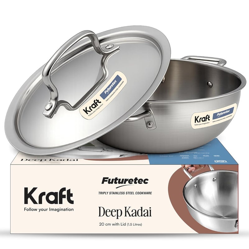 Kraft Futuretec Triply Stainless Steel Kadai with Lid – 4.1 Litre (26 cm), 2.5 mm Thick Extra Deep Kadai | Best for Deep Fry, Curries & Daily Cooking | Induction Base - Image 1