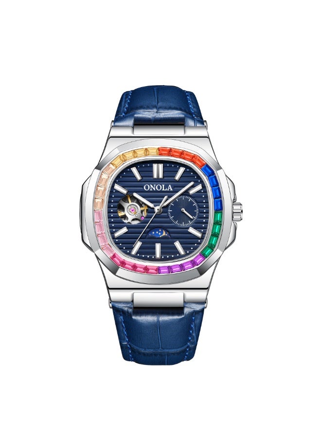 أونولا ساعة ميكانيكية مقاومة للماء بسوار جلدي من الألماس بألوان قوس قزح وشمس وقمر ونجمة وصباح