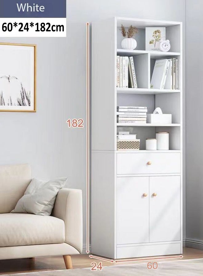 Multipurpose Multi-Tiers Modern Design Bookshlef Large 2 Door Storage Cabinet With Drawer Vertical Economical Against Wall Floor Shelf Bookcase Rack 15 mm Thick Wood Sheet for Living Room Home Office Furniture 60x24x182 cm