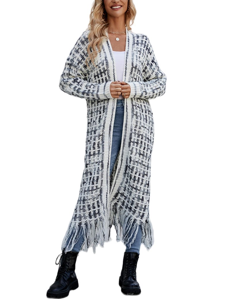 Perbai Womens Boho Cardigan Sweater Open Front Fringed Tassels Aztec Maxi Cardigan Jacket(Black-L) - Image 1