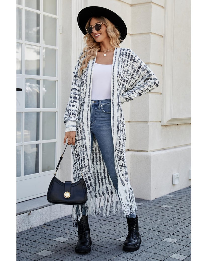 Perbai Womens Boho Cardigan Sweater Open Front Fringed Tassels Aztec Maxi Cardigan Jacket(Black-L) - Image 4