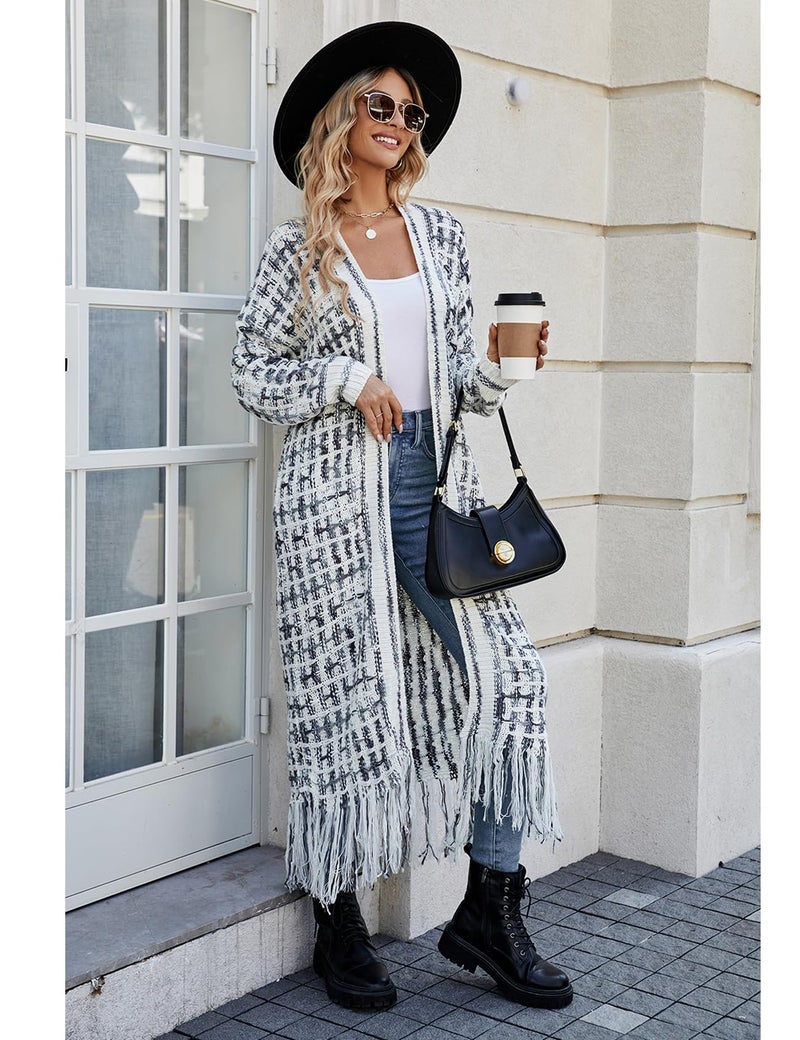 Perbai Womens Boho Cardigan Sweater Open Front Fringed Tassels Aztec Maxi Cardigan Jacket(Black-L) - Image 3