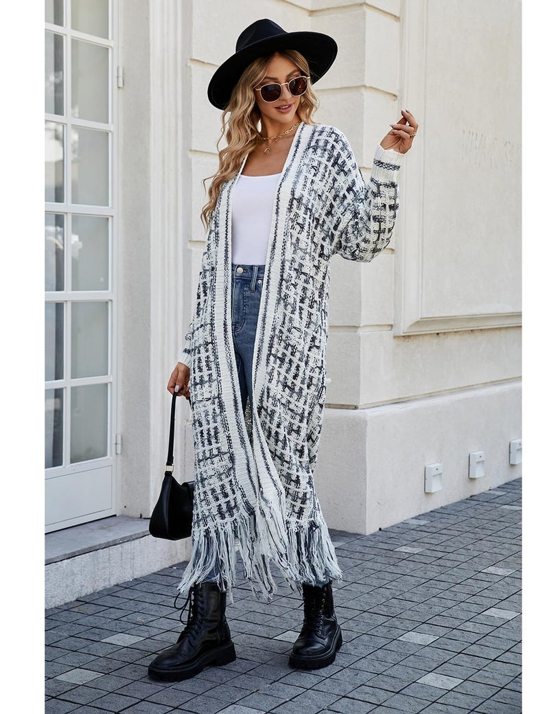 Perbai Womens Boho Cardigan Sweater Open Front Fringed Tassels Aztec Maxi Cardigan Jacket(Black-L) - Image 5